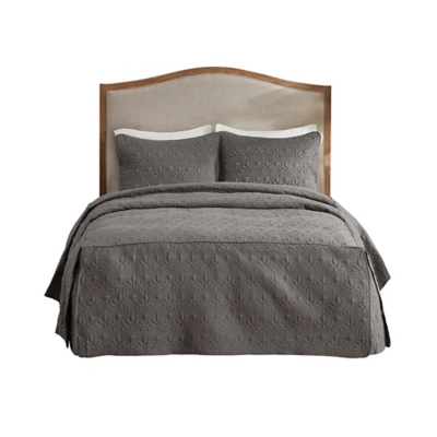 Quebec King 3 Piece Split Corner Pleated Quilted Bedspread, Dark Gray, rollover