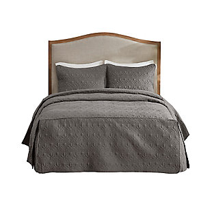 Quebec King 3 Piece Split Corner Pleated Quilted Bedspread, Dark Gray, large