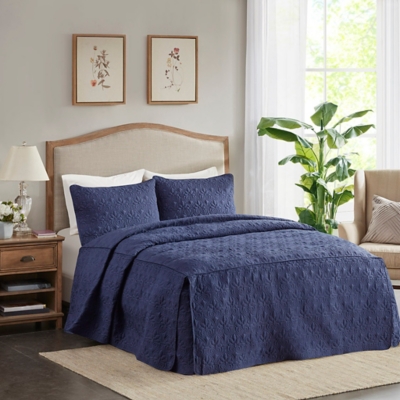 Quebec Queen 3 Piece Split Corner Pleated Quilted Bedspread, Navy, large