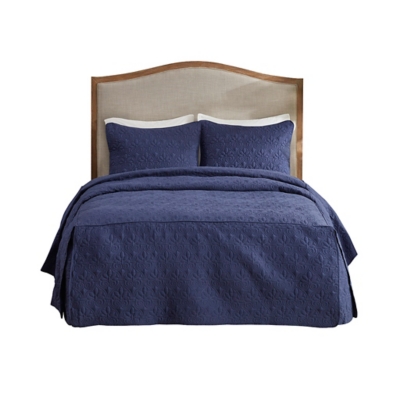 Quebec Queen 3 Piece Split Corner Pleated Quilted Bedspread, Navy, rollover