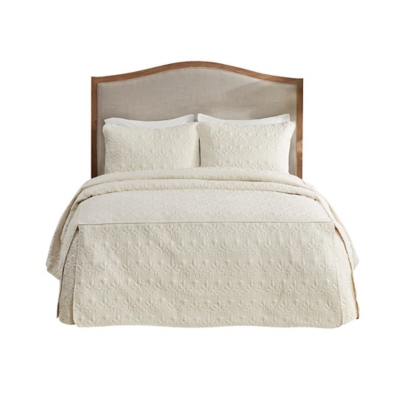 Quebec Queen 3 Piece Split Corner Pleated Quilted Bedspread, Cream, rollover