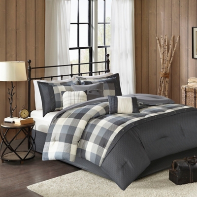 Ridge Queen 7 Piece Herringbone Comforter Set, Gray, rollover