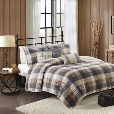 Ridge Full/Queen 6 Piece Printed Herringbone Quilt Set with Throw Pillows, Neutral, large