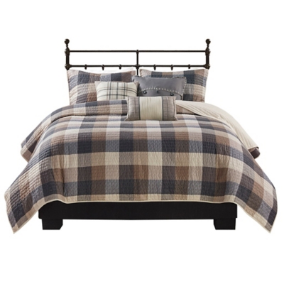 Ridge Full/Queen 6 Piece Printed Herringbone Quilt Set with Throw Pillows, Neutral, rollover
