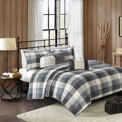 Ridge Full/Queen 6 Piece Printed Herringbone Quilt Set with Throw Pillows, Gray, large