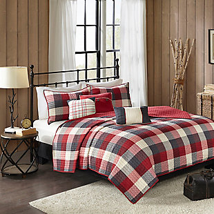 Ridge Full/Queen 6 Piece Printed Herringbone Quilt Set with Throw Pillows, Red, large