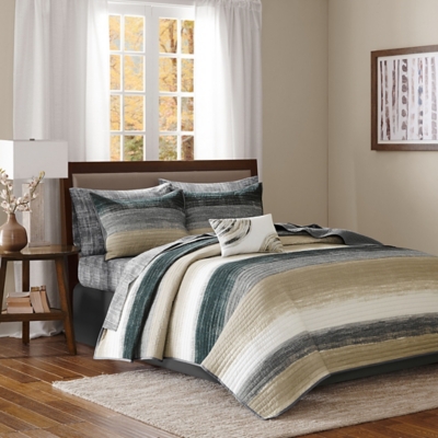Saben Queen 8 Piece Quilt Set with Bed Sheets, Taupe, large