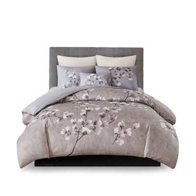Sakura Blossom King 3 Piece Sateen Printed Comforter Set, Lilac, rollover