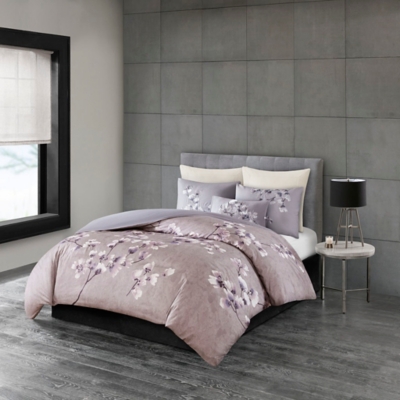 Sakura Blossom King 3 Piece Sateen Printed Duvet Cover Set, Lilac, large