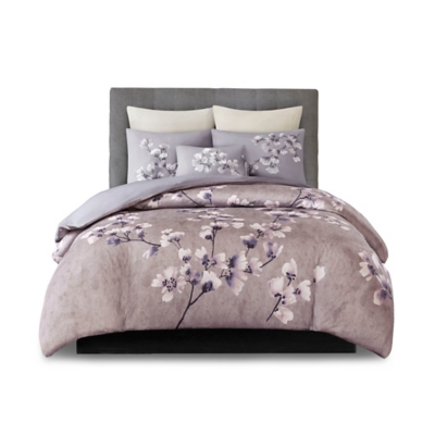 Sakura Blossom King 3 Piece Sateen Printed Duvet Cover Set, Lilac, rollover
