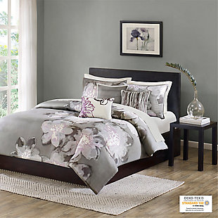 Serena King 6 Piece Printed Duvet Cover Set, Gray, rollover