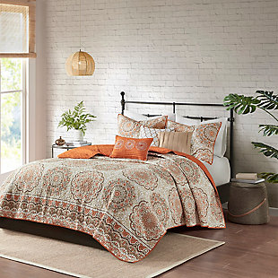Tangiers King/California King 6 Piece Reversible Quilt Set with Throw Pillows, Orange, rollover