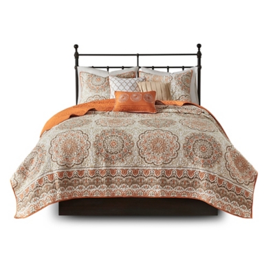 Tangiers King/California King 6 Piece Reversible Quilt Set with Throw Pillows, Orange, rollover