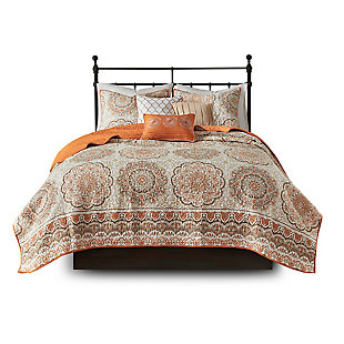 Tangiers King/California King 6 Piece Reversible Quilt Set with Throw Pillows, Orange, large