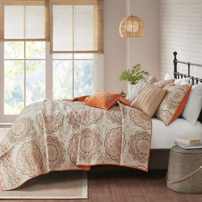 Tangiers / 6 Piece Reversible Quilt Set with Throw Pillows, Orange, large