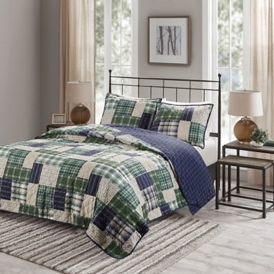 Timber Full/Queen 3 Piece Reversible Printed Quilt Set, Green/Navy, large
