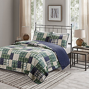 Timber Full/Queen 3 Piece Reversible Printed Quilt Set, Green/Navy, rollover