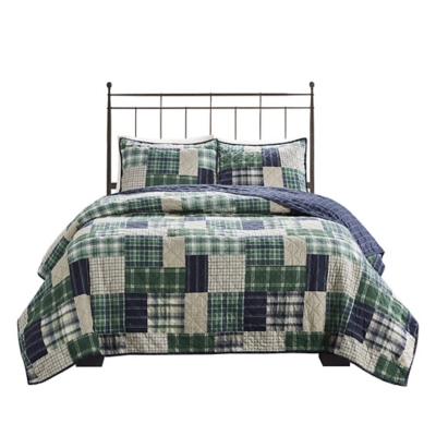 Timber Full/Queen 3 Piece Reversible Printed Quilt Set, Green/Navy, rollover