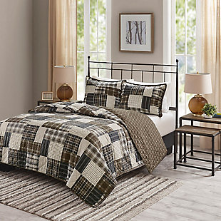 Timber Full/Queen 3 Piece Reversible Printed Quilt Set, Black/Brown, rollover