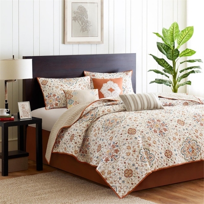 Tissa Full/Queen 6 Piece Printed Quilt Set with Throw Pillows, Ivory, large