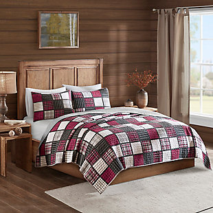 Tulsa King/California King Oversized Plaid Print Quilt Set, Red/Gray, rollover