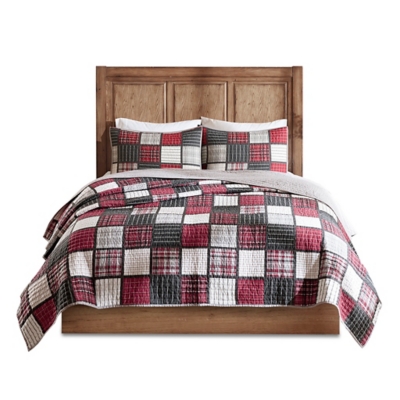 Tulsa Full/Queen Oversized Plaid Print Quilt Set, Red/Gray, rollover