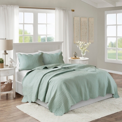 Tuscany Full/Queen 3 Piece Reversible Scalloped Edge Quilt Set, Seafoam, large