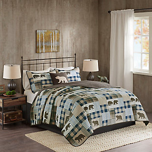 Twin Falls Full/Queen Oversized 4 Piece Quilt Set, Brown/Blue, large