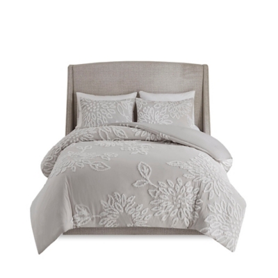 Veronica King/California King 3 Piece Tufted Chenille Floral Comforter Set, Gray/White, rollover