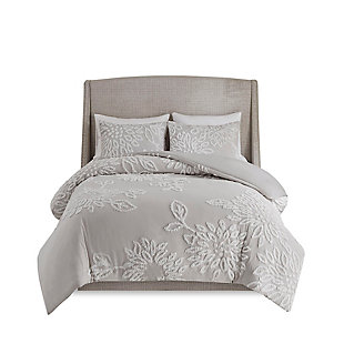 Veronica King/California King 3 Piece Tufted Chenille Floral Comforter Set, Gray/White, large