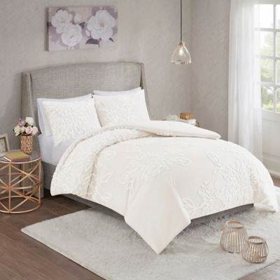 Veronica Full/Queen 3 Piece Tufted Chenille Floral Comforter Set, Off White