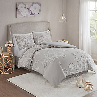 Veronica Full/Queen 3 Piece Tufted Chenille Floral Comforter Set, Gray/White, rollover