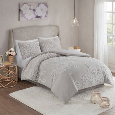 Veronica Full/Queen 3 Piece Tufted Chenille Floral Duvet Cover Set, Gray/White, large