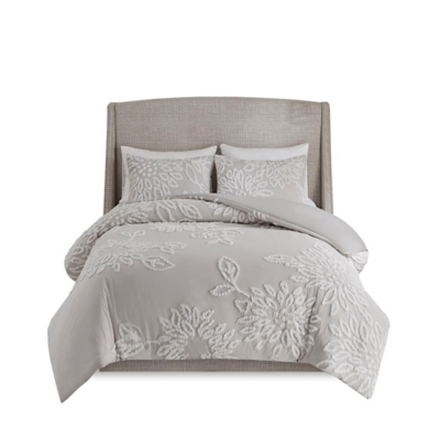 Veronica Full/Queen 3 Piece Tufted Chenille Floral Duvet Cover Set, Gray/White, rollover