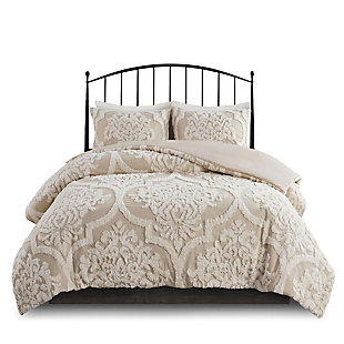 Viola King/California King 3 piece Tufted Chenille Damask Duvet Cover Set, Taupe, large