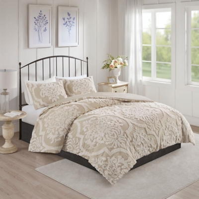 Viola Full/Queen 3 piece Tufted Chenille Damask Duvet Cover Set, Taupe, large