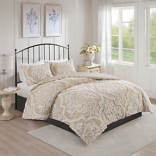 Viola Full/Queen 3 piece Tufted Chenille Damask Duvet Cover Set, Taupe, rollover