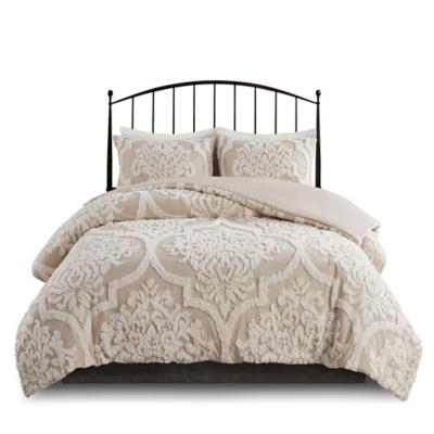 Viola Full/Queen 3 piece Tufted Chenille Damask Duvet Cover Set, Taupe, rollover