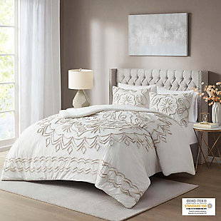 Violette King/California King 3 Piece Tufted Chenille Comforter Set, Ivory/Taupe, rollover