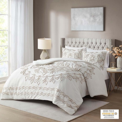 Violette Full/Queen 3 Piece Tufted Chenille Comforter Set, Ivory/Taupe, large