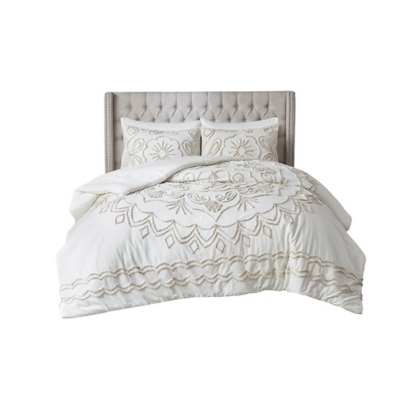 Violette Full/Queen 3 Piece Tufted Chenille Comforter Set, Ivory/Taupe, rollover