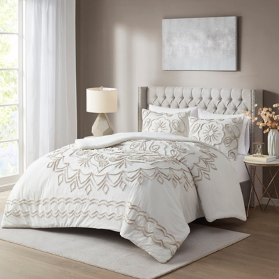 Violette King/California King 3 Piece Tufted Chenille Duvet Cover Set, Ivory/Taupe, large