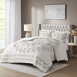 Violette King/California King 3 Piece Tufted Chenille Duvet Cover Set, Ivory/Taupe, rollover