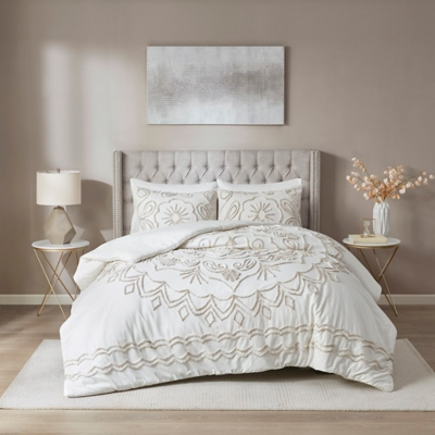 Violette King/California King 3 Piece Tufted Chenille Duvet Cover Set, Ivory/Taupe, rollover
