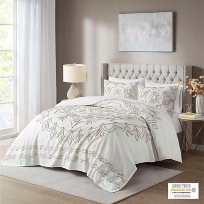 Violette Full/Queen 3 Piece Tufted Chenille  Coverlet Set, Ivory/Taupe, large