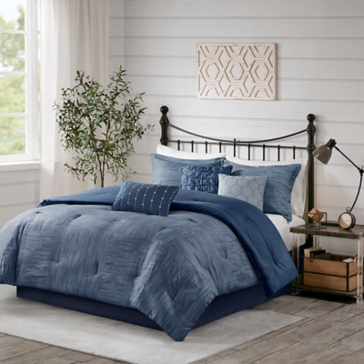 Walter Queen 7 Piece Printed Seersucker Comforter Set, Navy