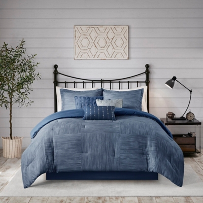 Walter Queen 7 Piece Printed Seersucker Comforter Set, Navy, large