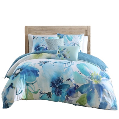 Bebejan Watercolor Blue 100% Cotton 5-Piece Reversible Comforter Set, Blue, rollover