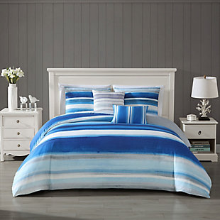 Bebejan Coastal Stripe 100% Cotton 5 Piece Queen Size Reversible Comforter Set, Blue, rollover