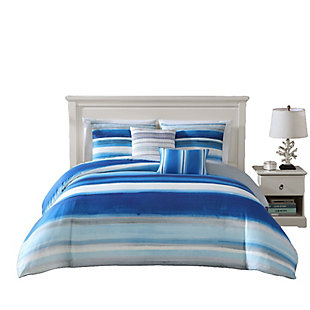 Bebejan Coastal Stripe 100% Cotton 5 Piece Queen Size Reversible Comforter Set, Blue, large